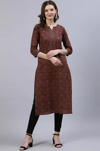Maroon & navy blue ethnic motifs printed straight kurta