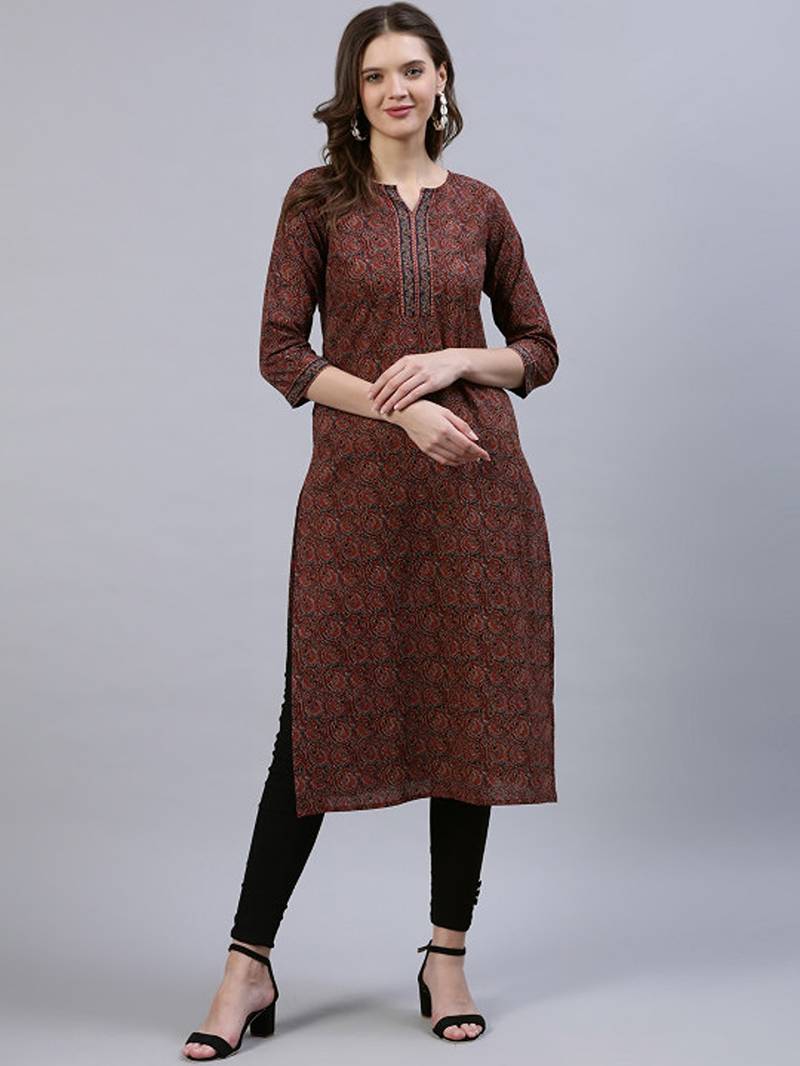 Maroon & navy blue ethnic motifs printed straight kurta