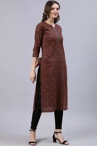 Maroon & navy blue ethnic motifs printed straight kurta