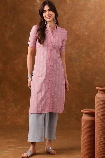 Striped printed roll-up sleeves straight kurta