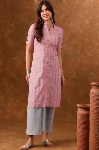 Striped printed roll-up sleeves straight kurta