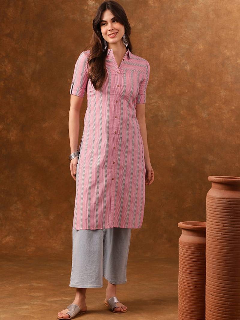 Striped printed roll-up sleeves straight kurta