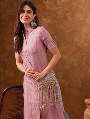 Striped printed roll-up sleeves straight kurta 2