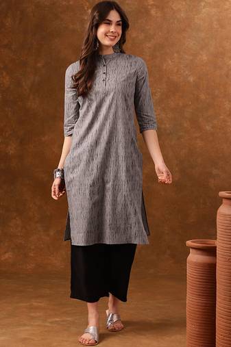 Grey abstract printed mandarin collar cotton kurta