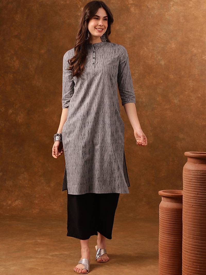 Grey abstract printed mandarin collar cotton kurta