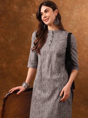 Grey abstract printed mandarin collar cotton kurta 2