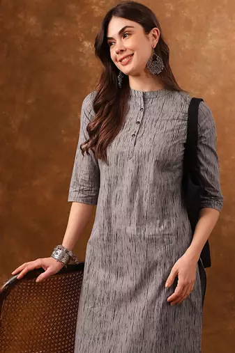 Grey abstract printed mandarin collar cotton kurta