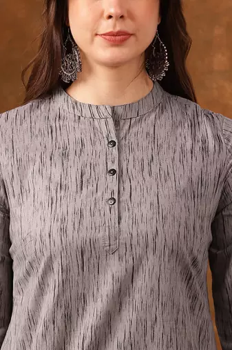 Grey abstract printed mandarin collar cotton kurta