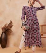 Navy blue ethnic motifs printed cotton straight kurta