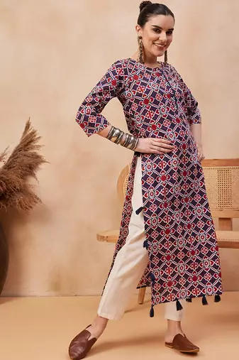 Navy blue ethnic motifs printed cotton straight kurta