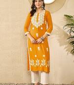 Floral embroidered round neck thread work straight kurta