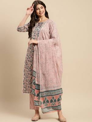 Peach & blue floral-printed pure-cotton straight kurta with trouser & dupatta 1