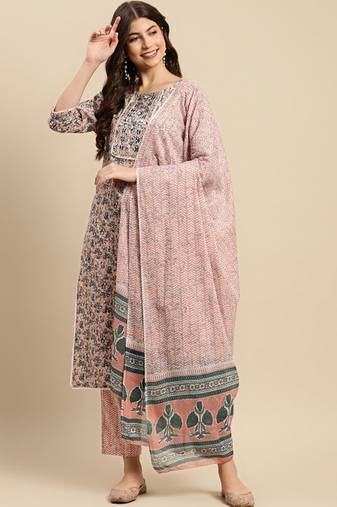 Peach & blue floral-printed pure-cotton straight kurta with trouser & dupatta