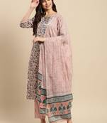 Peach & blue floral-printed pure-cotton straight kurta with trouser & dupatta
