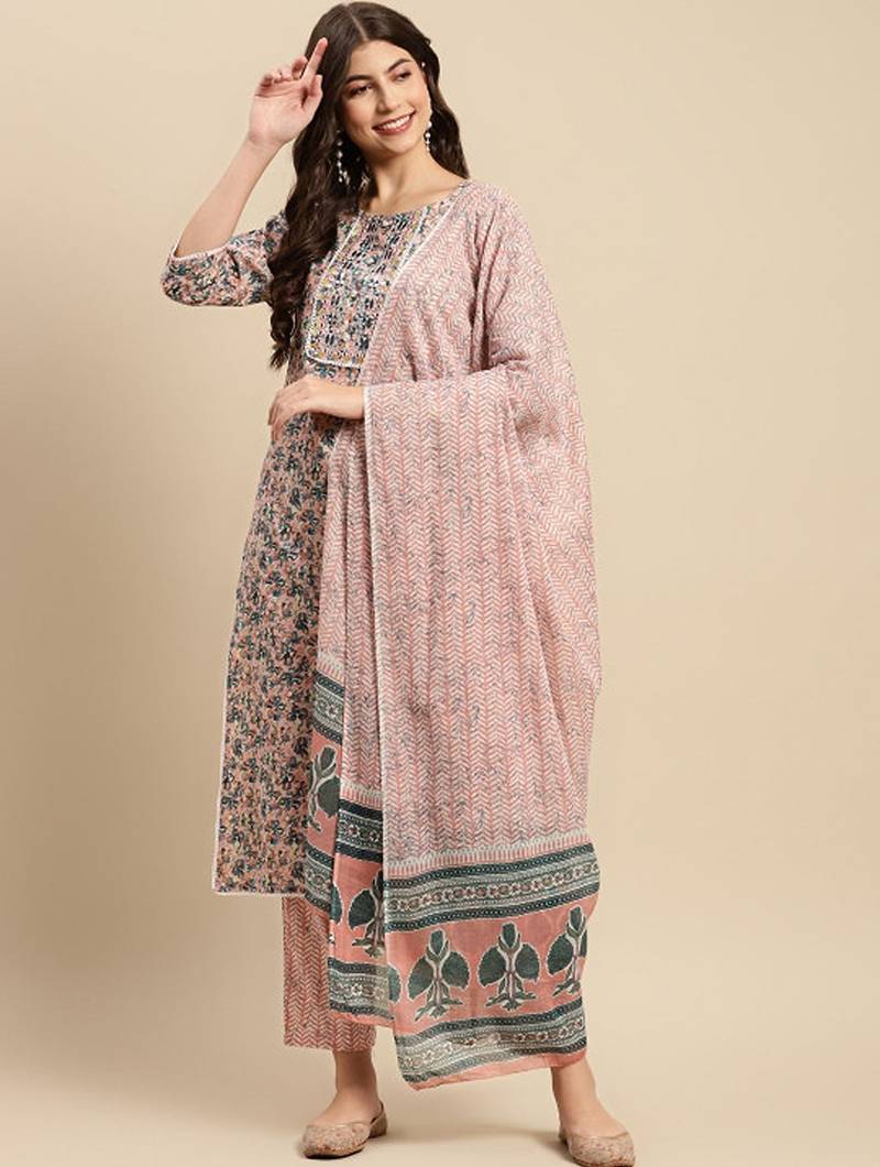 Peach & blue floral-printed pure-cotton straight kurta with trouser & dupatta