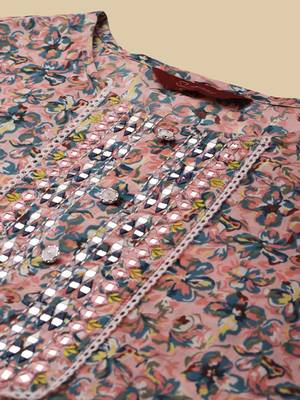 Peach & blue floral-printed pure-cotton straight kurta with trouser & dupatta 2