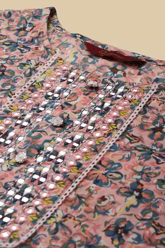 Peach & blue floral-printed pure-cotton straight kurta with trouser & dupatta
