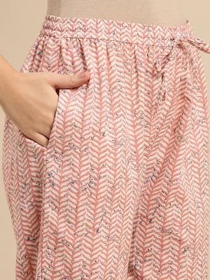 Peach & blue floral-printed pure-cotton straight kurta with trouser & dupatta 3