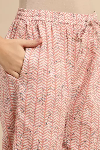 Peach & blue floral-printed pure-cotton straight kurta with trouser & dupatta