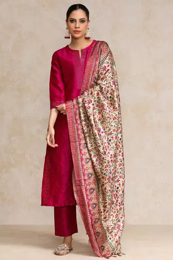 Pink zari work textured kurta with trouser and printed dupatta
