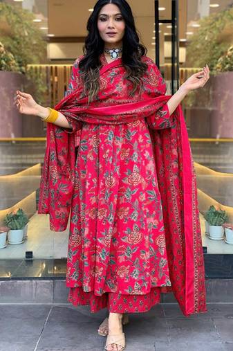 Floral printed v-neck anarkali kurta with palazzos & dupatta