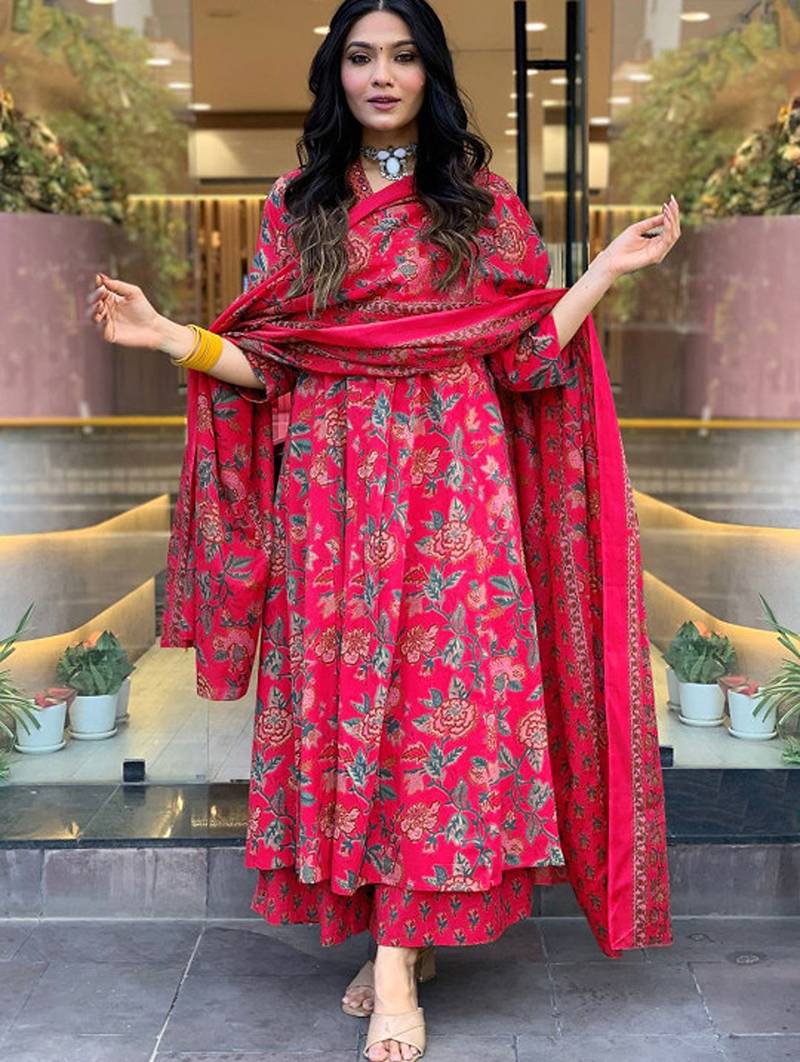 Floral printed v-neck anarkali kurta with palazzos & dupatta