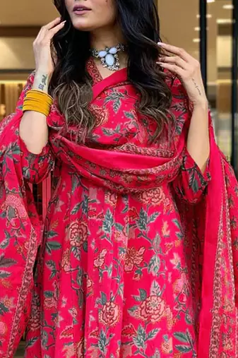 Floral printed v-neck anarkali kurta with palazzos & dupatta