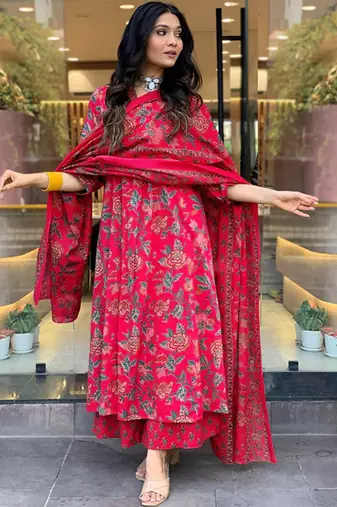 Floral printed v-neck anarkali kurta with palazzos & dupatta