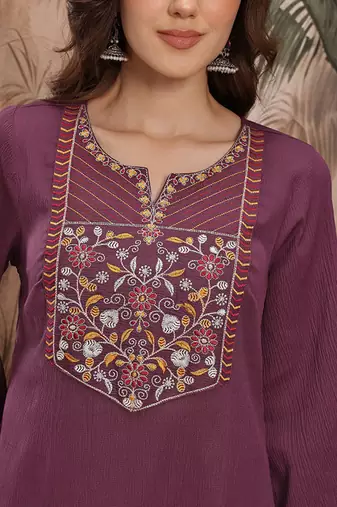 Floral yoke design flared sleeves thread work kurta