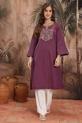 Floral yoke design flared sleeves thread work kurta