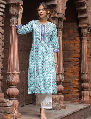 Ethnic motifs printed round neck pure cotton straight kurta 1