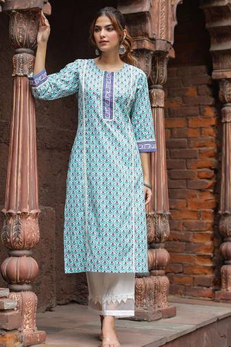 Ethnic motifs printed round neck pure cotton straight kurta