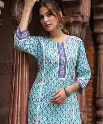 Ethnic motifs printed round neck pure cotton straight kurta 2
