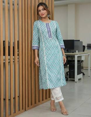 Ethnic motifs printed round neck pure cotton straight kurta 3