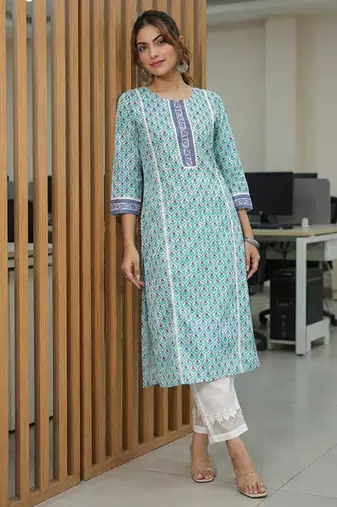 Ethnic motifs printed round neck pure cotton straight kurta