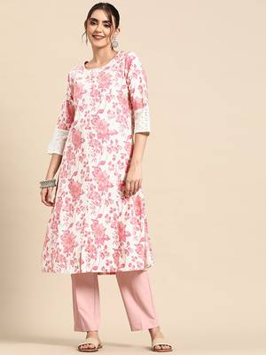 Floral printed cotton slub kurta 1