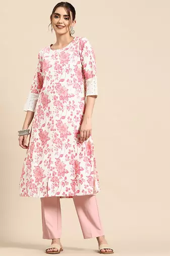Floral printed cotton slub kurta