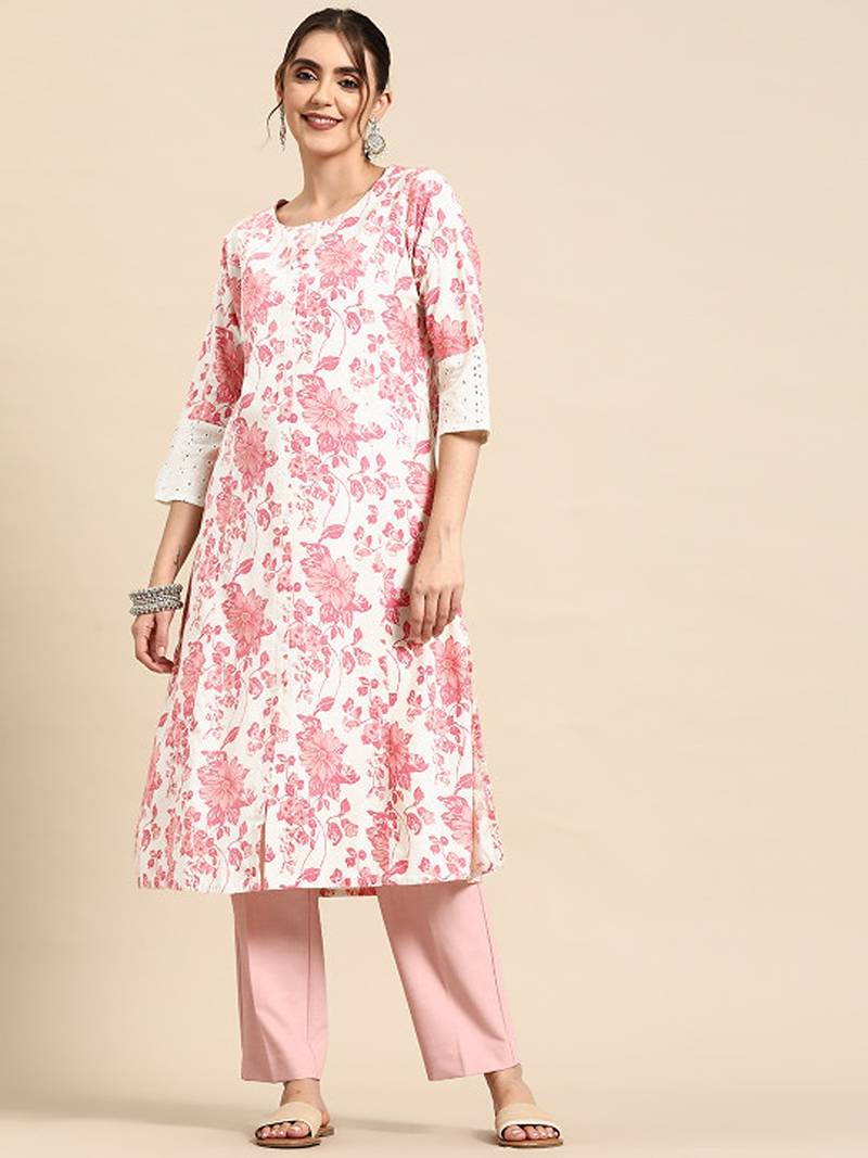 Floral printed cotton slub kurta
