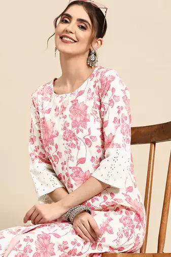 Floral printed cotton slub kurta