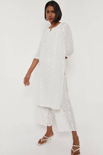 Ethnic motifs embroidered chikankari white romance kurta