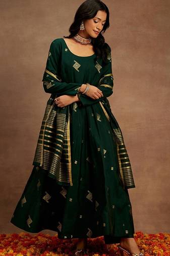 Womens green woven design anarkali kurta with palazzos & dupatta