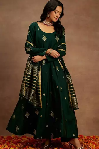 Womens green woven design anarkali kurta with palazzos & dupatta