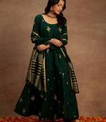 Womens green woven design anarkali kurta with palazzos & dupatta