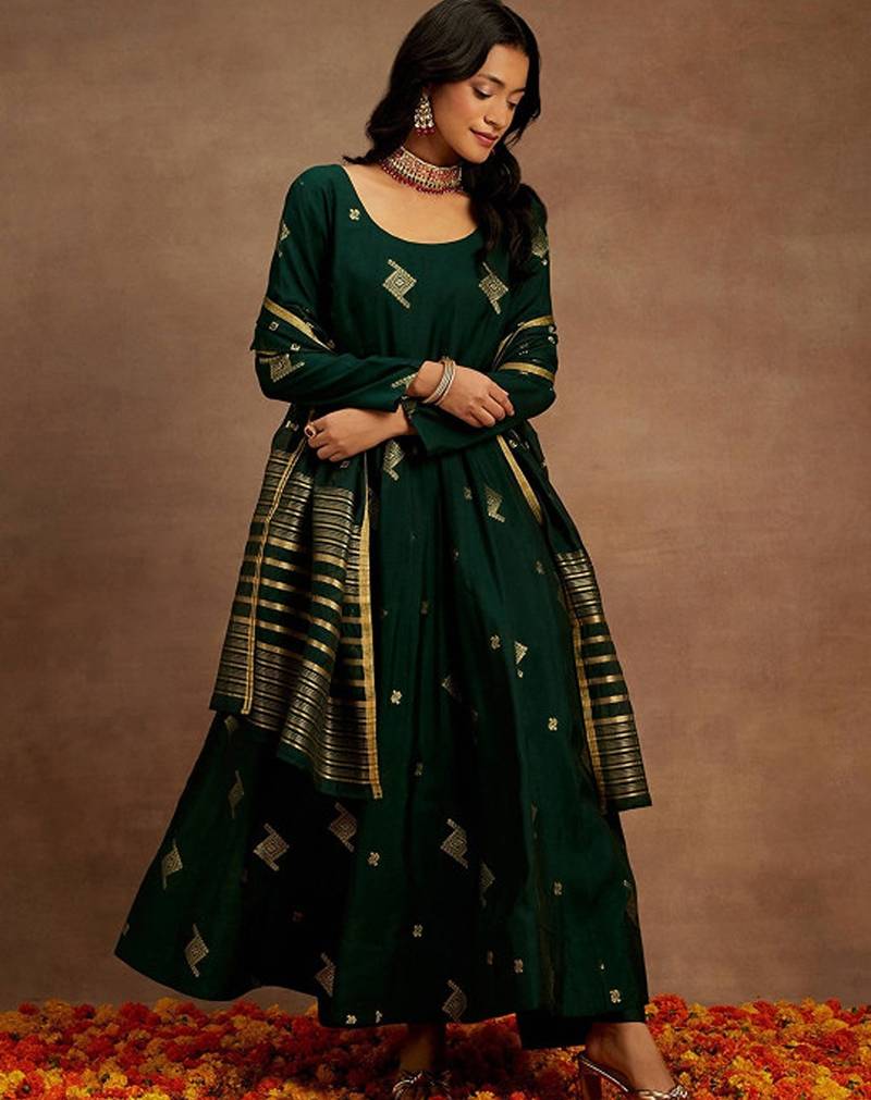 Womens green woven design anarkali kurta with palazzos & dupatta