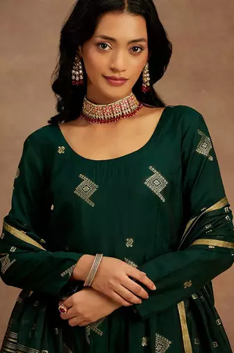 Womens green woven design anarkali kurta with palazzos & dupatta