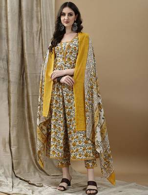 Floral printed pure cotton anarkali kurta with trousers & dupatta 1