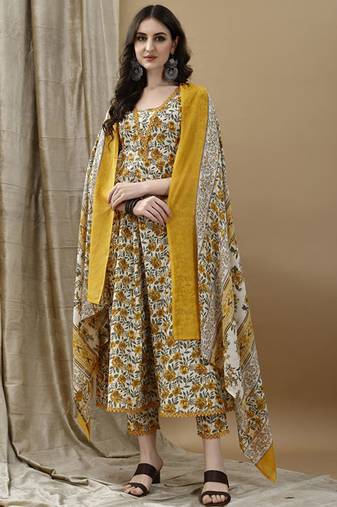Floral printed pure cotton anarkali kurta with trousers & dupatta