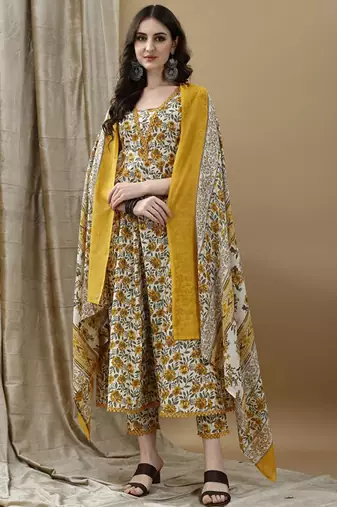 Floral printed pure cotton anarkali kurta with trousers & dupatta