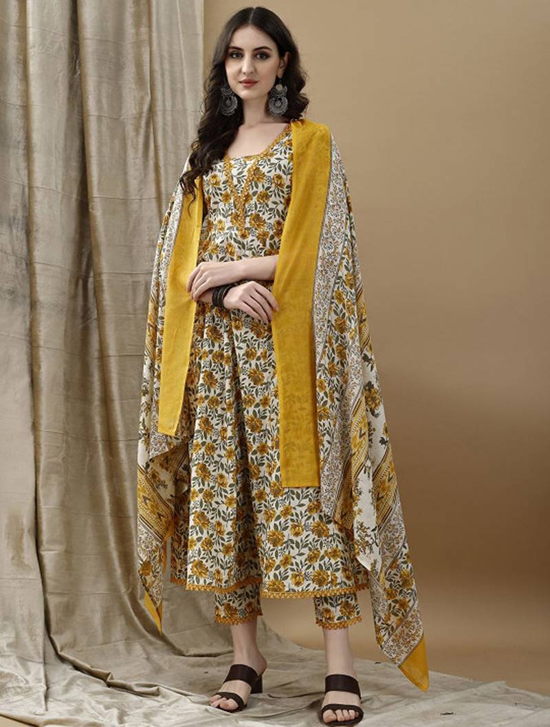 Floral printed pure cotton anarkali kurta with trousers & dupatta