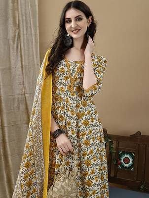 Floral printed pure cotton anarkali kurta with trousers & dupatta 2